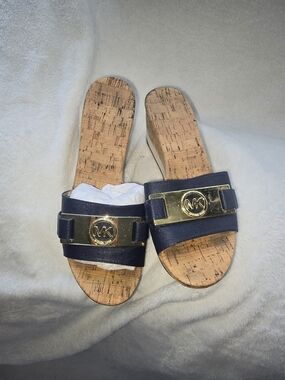 Michael Kors Navy Cork Slide Sandals with Gold MK Plaque